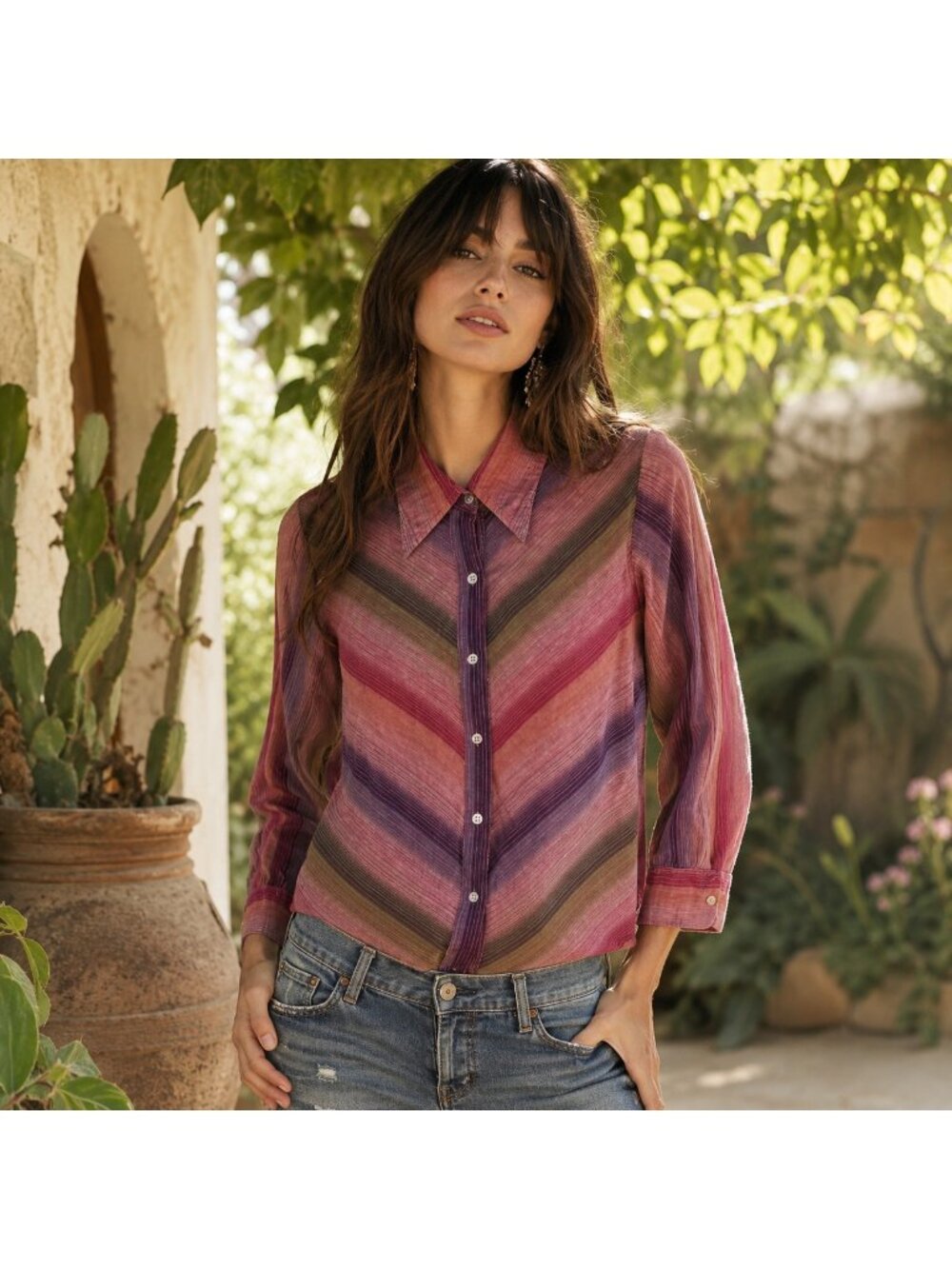 vtg 70s Varsha indian cotton striped dagger collar hippie boho button up shirt